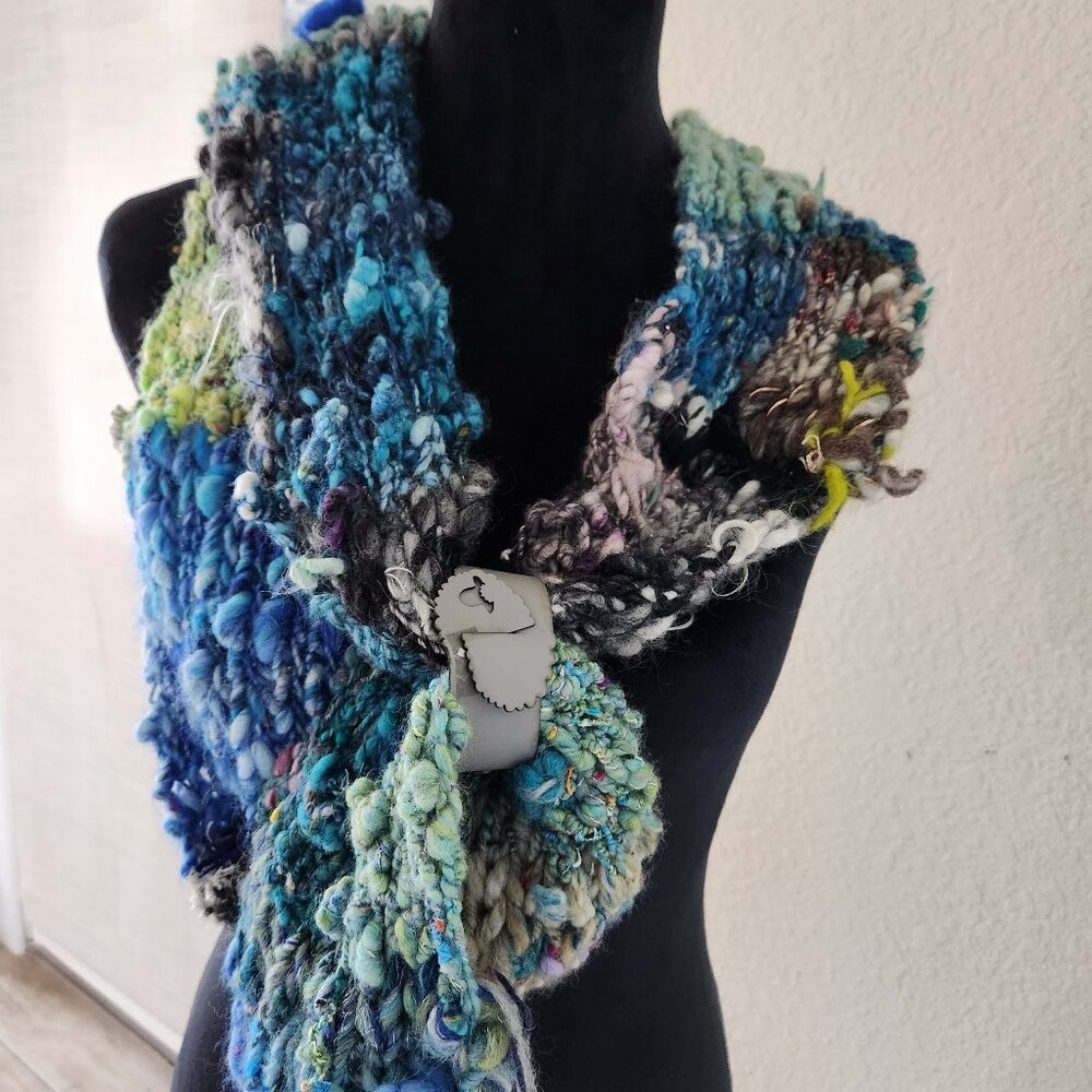 Scarf, knitted with art yarn, new handmade, light and soft, colorful 70x6 inch.